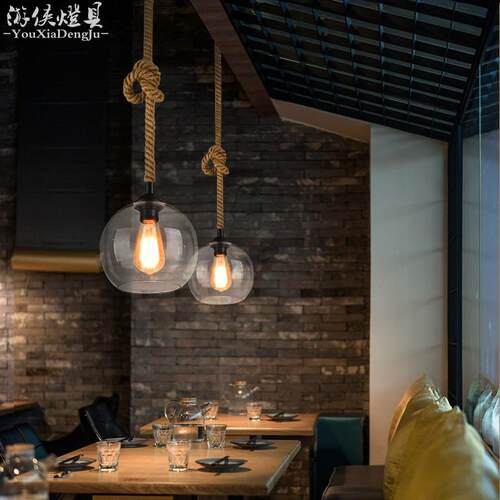 玻璃吊灯创意个性餐厅吧台灯服装店loft复古麻绳单头工业风小吊灯