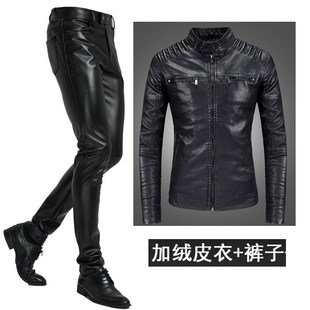 骑行摩托车男士皮衣皮裤套装男加绒一套机车服修身帅气外套冬季款