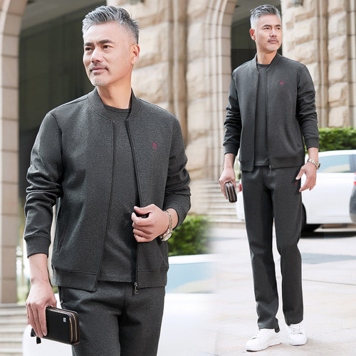 中老年男士运动套装春秋季跑步健身服中年爸爸装棒球领卫衣三件套