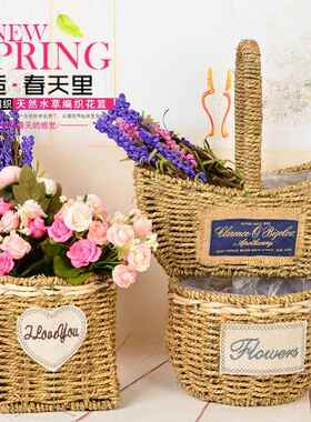田园手工草编花篮藤编编织多肉花篮装饰手提篮筐花器室内摆件