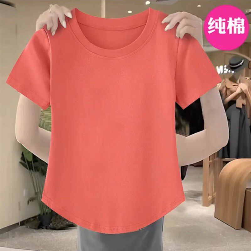 100%纯棉女士t恤短袖夏天2025新款宽松遮肉显瘦下摆弧形洋气上衣i