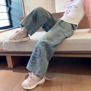 女童裤子春秋款2024新款洋气时髦阔F腿裤女宝宝秋季炸街儿童牛仔