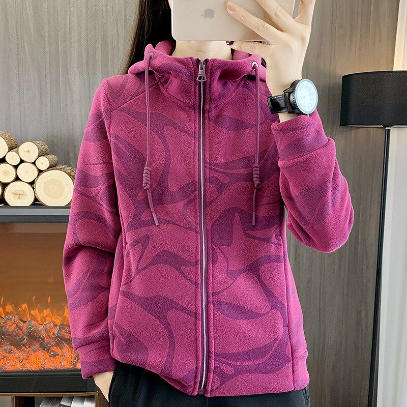 抓绒衣外套女秋冬季连帽迷彩摇粒绒D开衫防风加绒加厚防风内胆卫