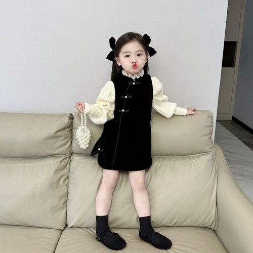 女童气质中国风盘扣旗袍裙子儿童宝宝洋派复古丝绒洋装冬季新款