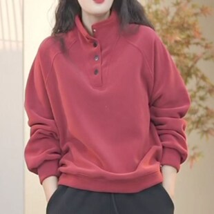 2025冬季新款时尚加绒加厚保暖澳粒绒卫衣套头单排扣女士打底衫