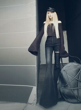 2023春季新款高腰黑色破洞牛仔大喇叭裤女阔腿长裤弹力紧身裤
