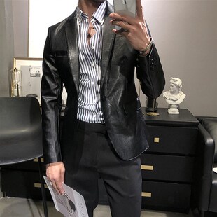 潮流青年秋冬男皮西装男外套修身PU皮衣小西服休闲单西加绒皮夹克