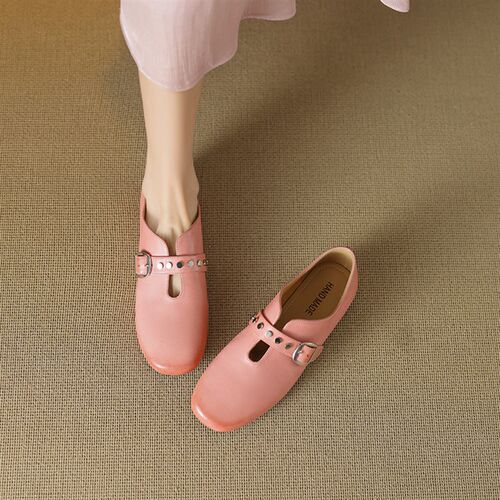 复古~巨好看手工制作真皮粉色单鞋女深口圆头一字带皮带扣铆钉女