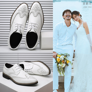 2021新郎结婚拍婚纱照礼鞋韩版英伦商务休闲皮鞋男士白色西装伴郎