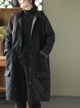 轻薄羽绒棉服女冬宽松大码复古夹棉加厚保暖大口袋中长款连帽外套