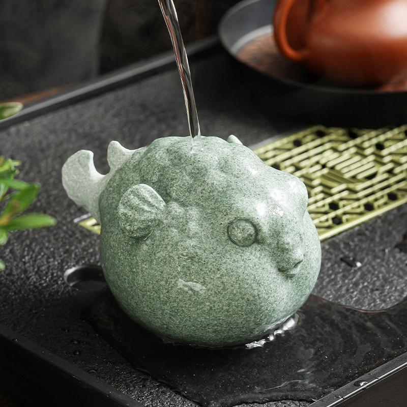 青砂石河豚茶宠摆件创意中式精品可养高档茶桌茶玩鱼缸造景装饰品