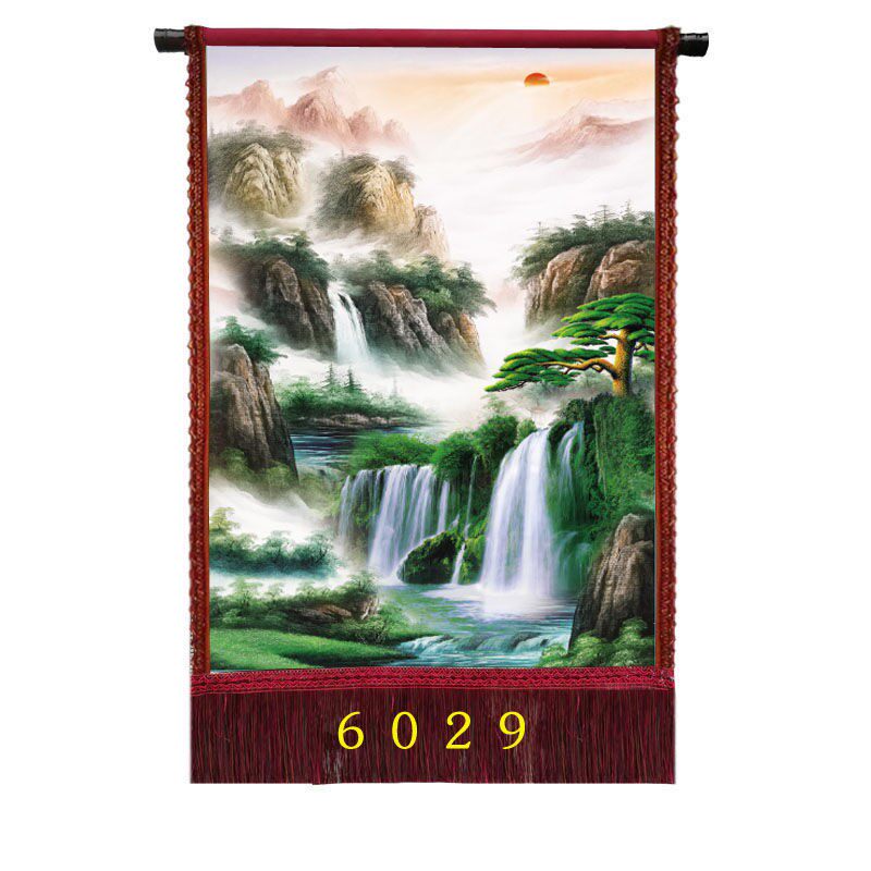 油画布竖版带穗 平面单幅中式印刷 客厅 风景 装饰画 山水画