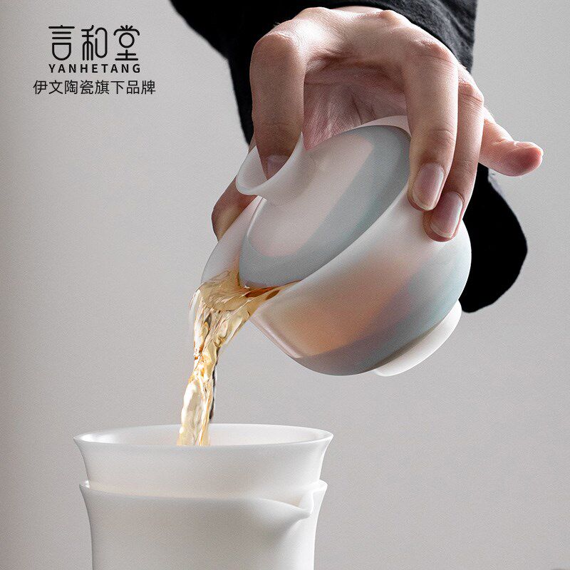 言和堂羊脂玉瓷三才盖碗茶杯家用大号单个泡茶碗陶瓷功夫茶具薄胎