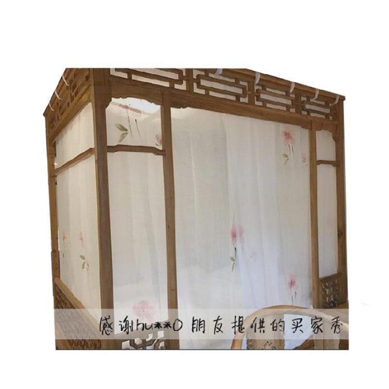 手绘水墨仿古月牙洞床四柱实木架子床床幔古典床幔新中式蚊帐纱帘
