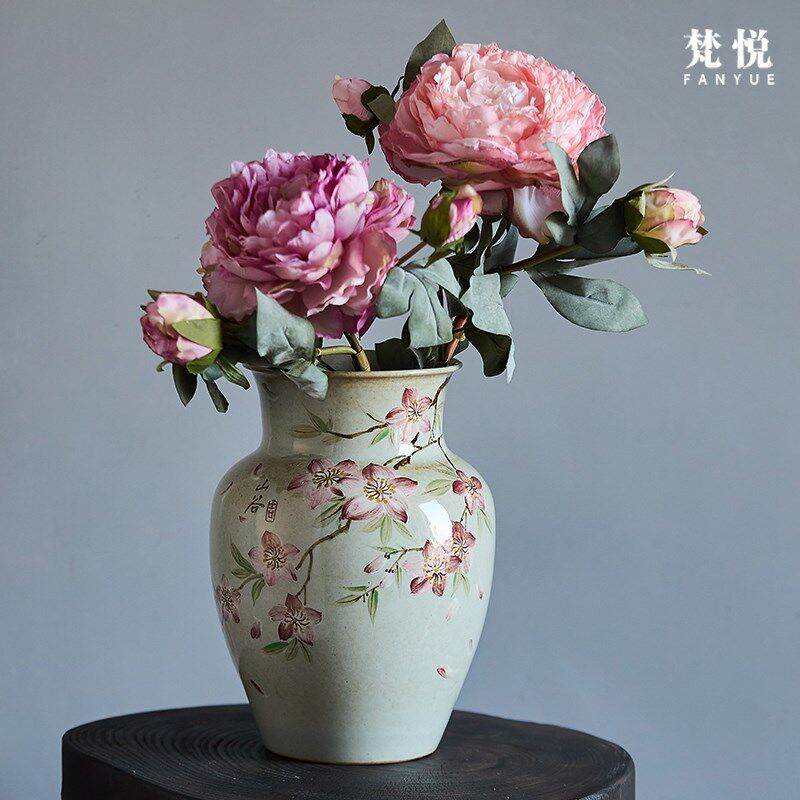 梵悦 景德镇手工复古宽口手绘桃花陶瓷花瓶可蓄水茶室家居花器图片