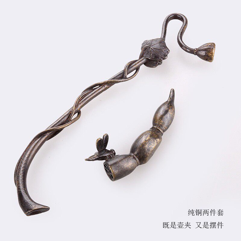 莲藕蜻蜓壶叉复古壶夹铁壶盖叉纯铜配件茶道茶具壶置物架铜壶盖夹