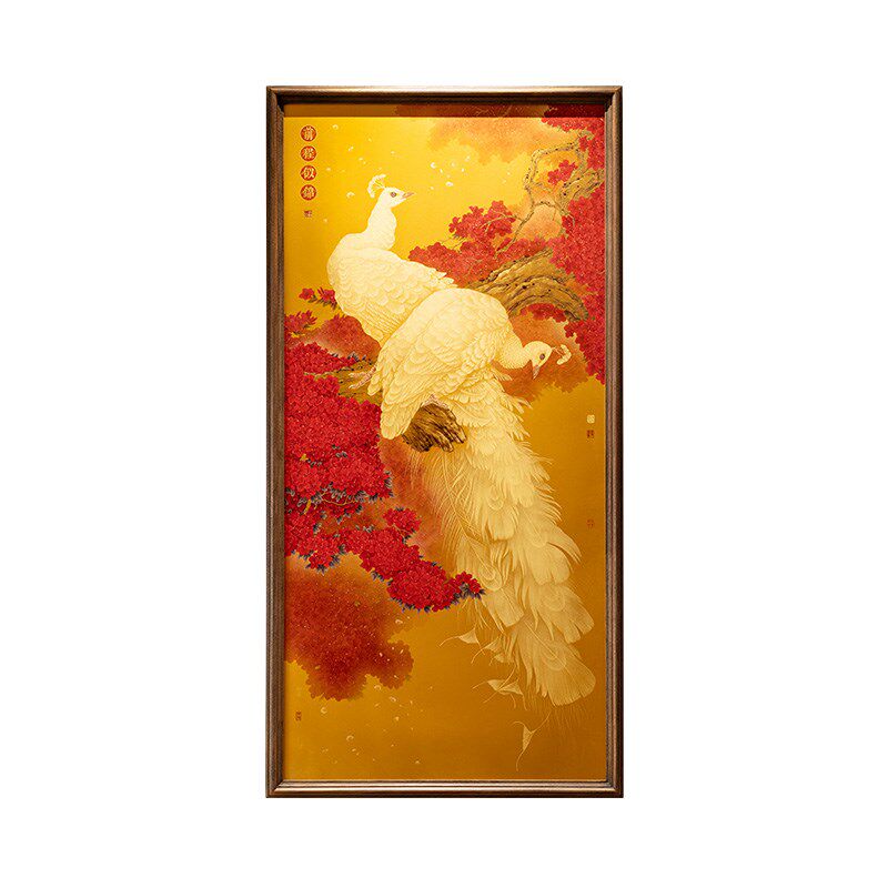 新中式玄关入户挂画沙发背景墙壁画轻奢艺术装饰画孔雀图前程似锦