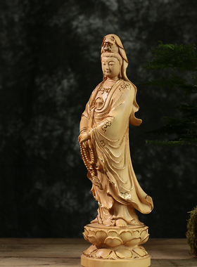 小叶黄杨木雕刻摆件拿珠观音家用饰品供奉实木工艺品贴金佛像菩萨