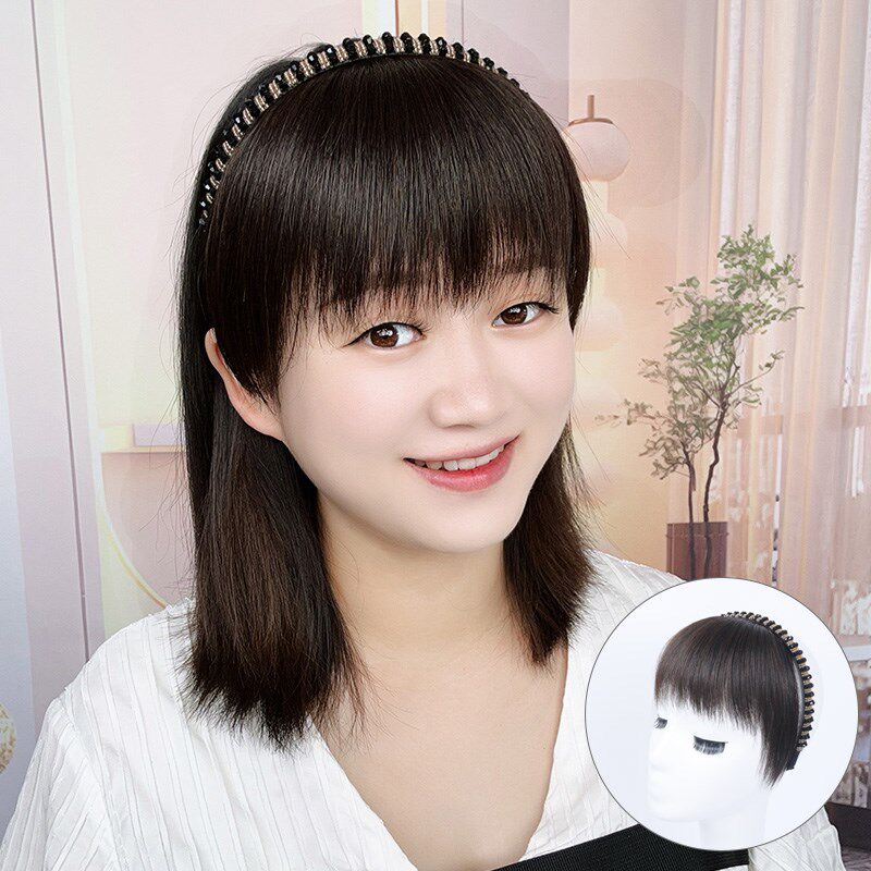 仿钻发箍刘海一体全真发前额遮白发头帘鬓角碎齐刘海头顶假发片女