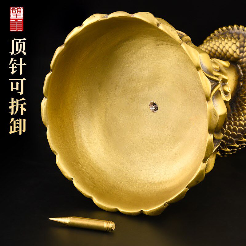 黄铜龙凤烛台摆件家用敬神供奉佛前中式复古结婚铜双龙蜡烛台座