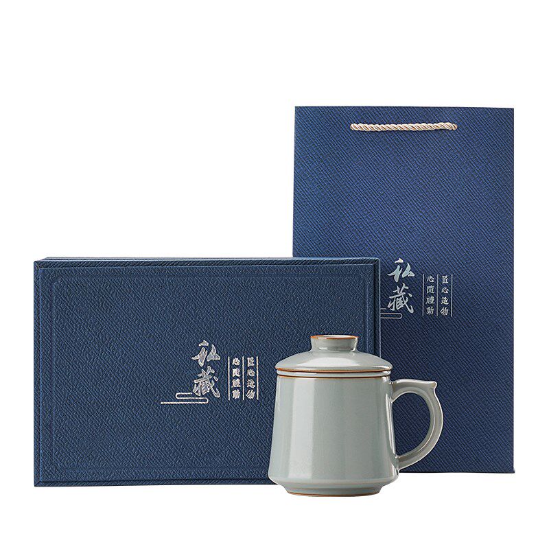 高端开片汝窑办公杯男士陶瓷内胆泡茶杯茶水分离个人专用带盖水杯