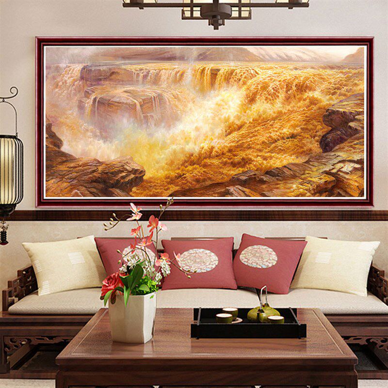 招财高档黄河油画壶口瀑布别墅客厅装饰画办公室大堂壁画聚宝盆