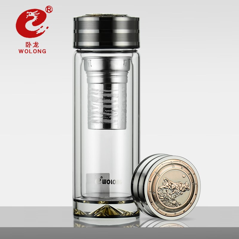 卧龙双层玻璃杯茶水分离商务男泡茶杯透明隔热带盖杯子高档礼品杯