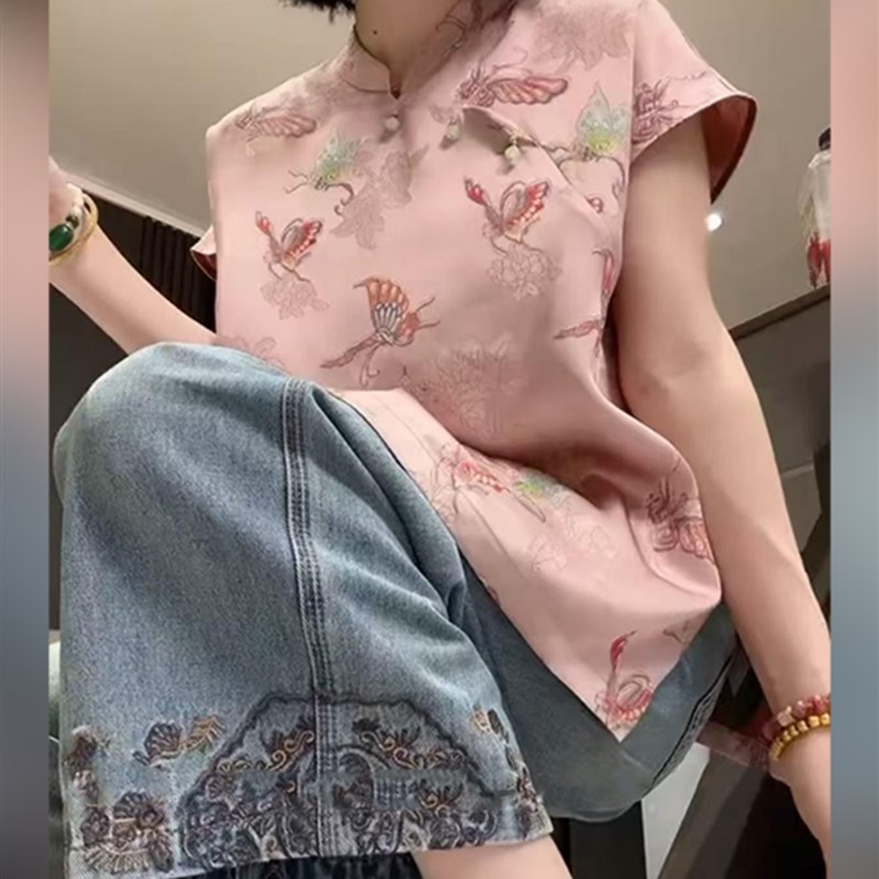 新中式刺绣八分牛仔裤女2025夏薄款窄版阔腿裤覆古宽松百搭直筒裤图片