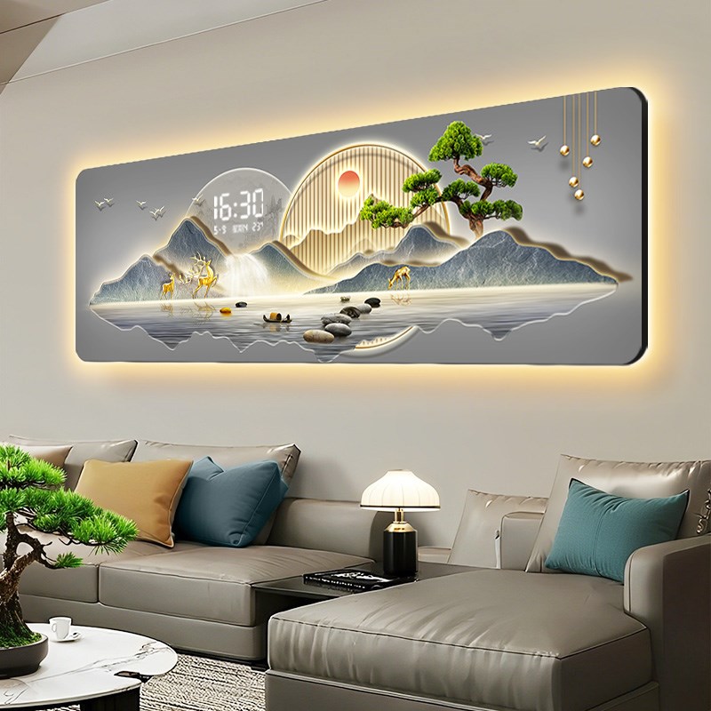 日照金山客厅装饰画轻奢高级感带钟表沙发背景墙挂画创意时钟壁灯