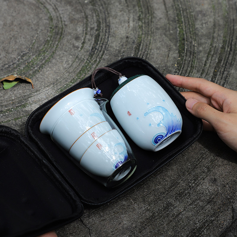 手绘旅行便携式茶具套装茶叶罐快客杯车载户外功夫泡茶器一壶三杯
