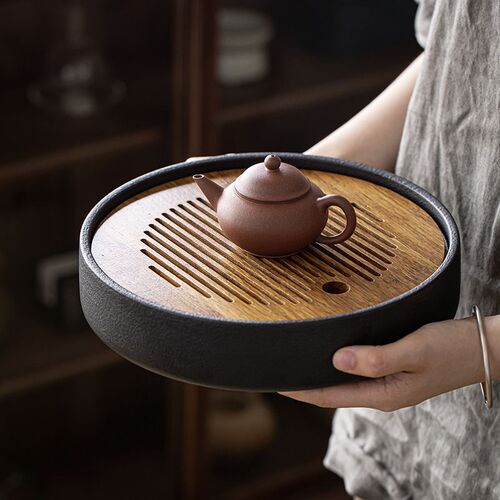 黑陶简约重竹干泡茶盘家用竹制面板茶托盘功夫茶具储水式沥水茶台