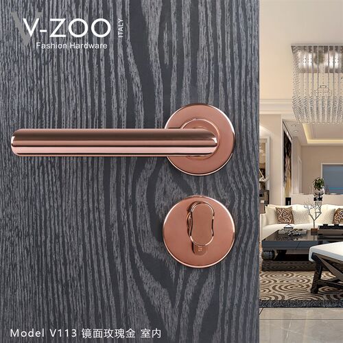 vzoo镜面玫瑰金卧室房门锁锁具轻奢室内静音门锁304不锈钢门把手