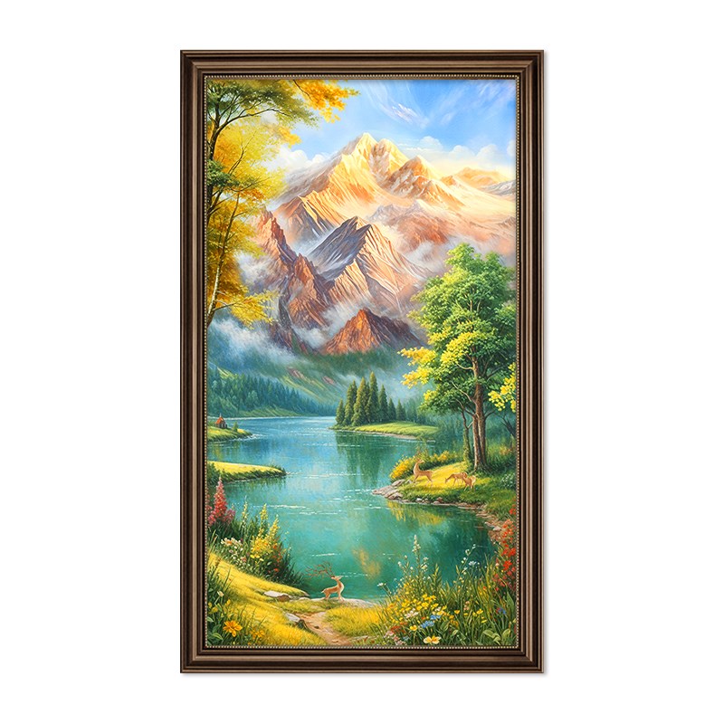美式玄关装饰画金山聚宝盆手绘油画走廊过道招财风景山水竖版挂画