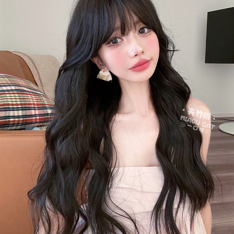 一口喵假发女日常长卷发自然甜美可爱齐刘海全头套式【夹竹桃】