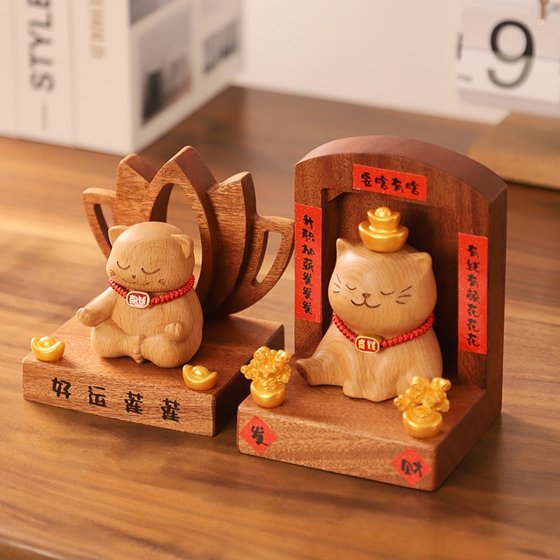 实木质招财猫摆件可爱创意毕业生日乔迁礼物玄关桌面家居装饰品
