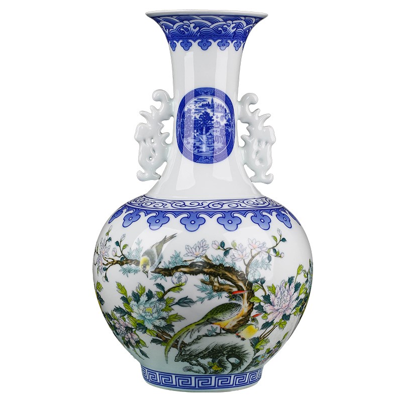 青花粉彩陶瓷花瓶摆件大号中式客厅玄关博古架插花瓷器工艺装饰品