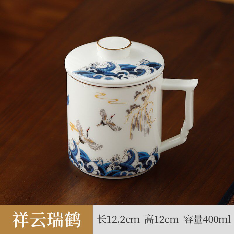 羊脂玉瓷泡茶杯茶水分离杯子带茶隔男女士办公杯有手柄带过滤水杯