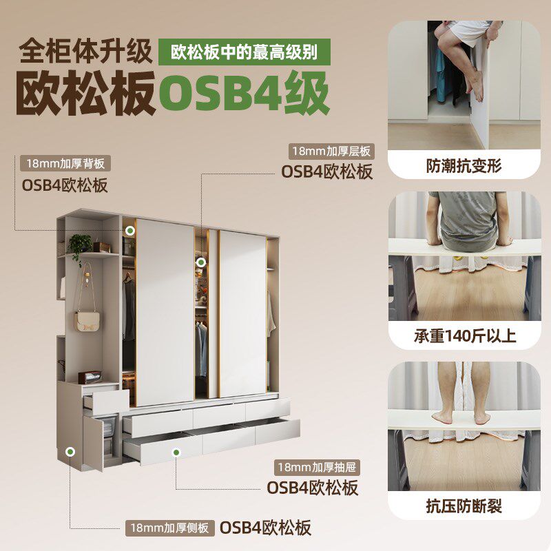政补实木分段式推拉门衣柜小户型卧室家用中古风四六抽滑门大衣橱
