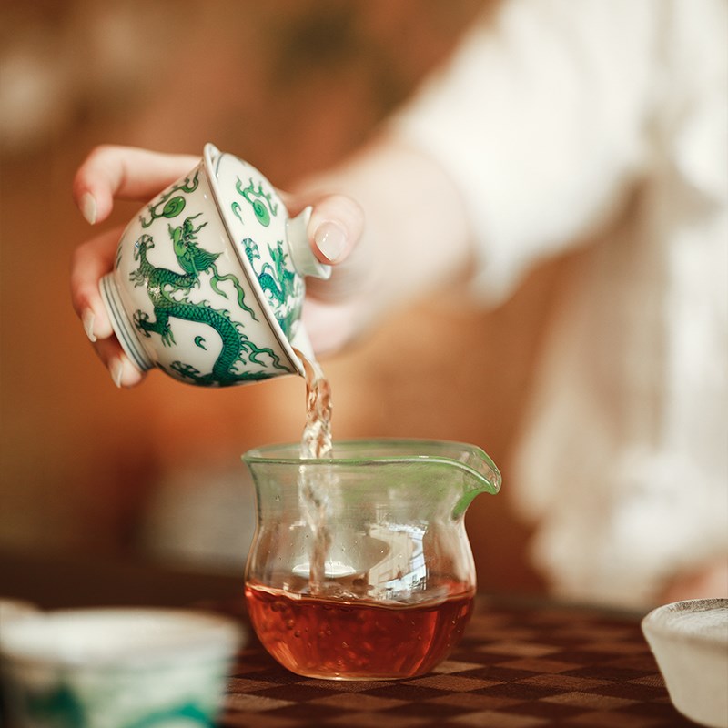 宛玉 斗彩绿龙纹盖碗 主人杯 品杯 釉下青花釉上绿彩龙纹茶器套组
