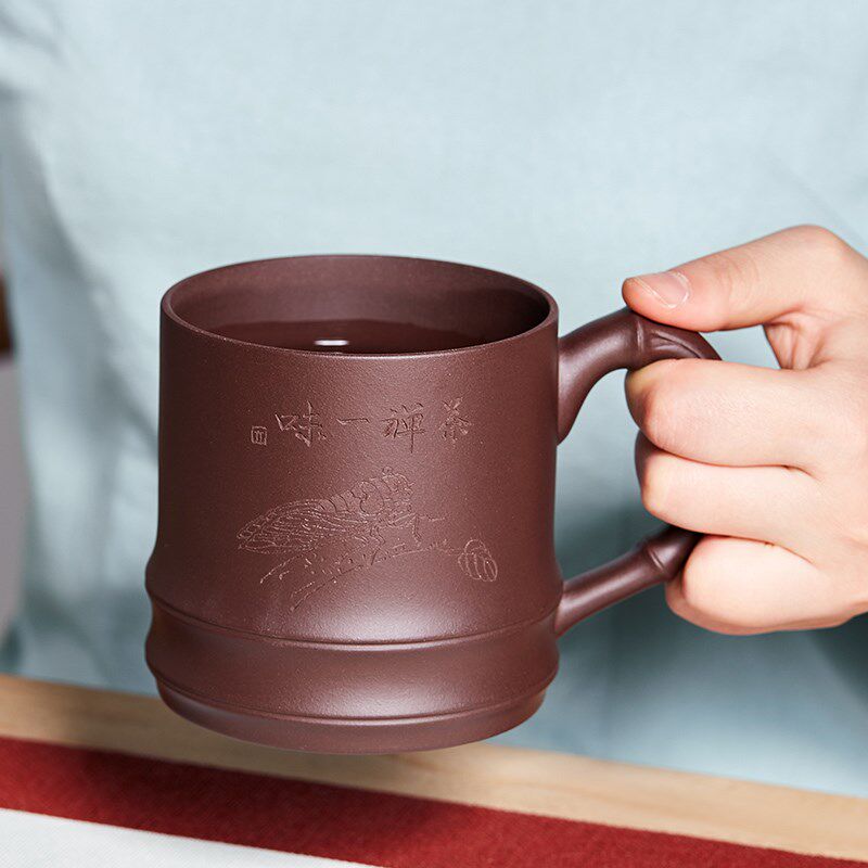 尊壶宜兴手工紫砂杯大容量带盖竹节泡茶杯带把功夫茶具男士办公杯