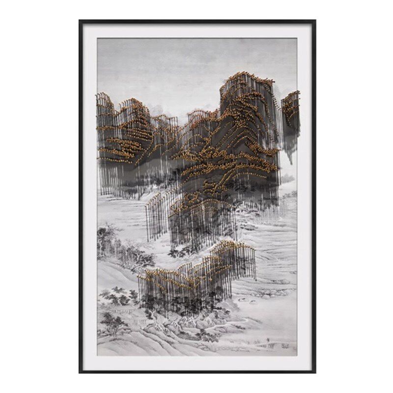 新中式玄关客厅背景风景装饰画别墅酒店手工实物立体钉子竖版挂画
