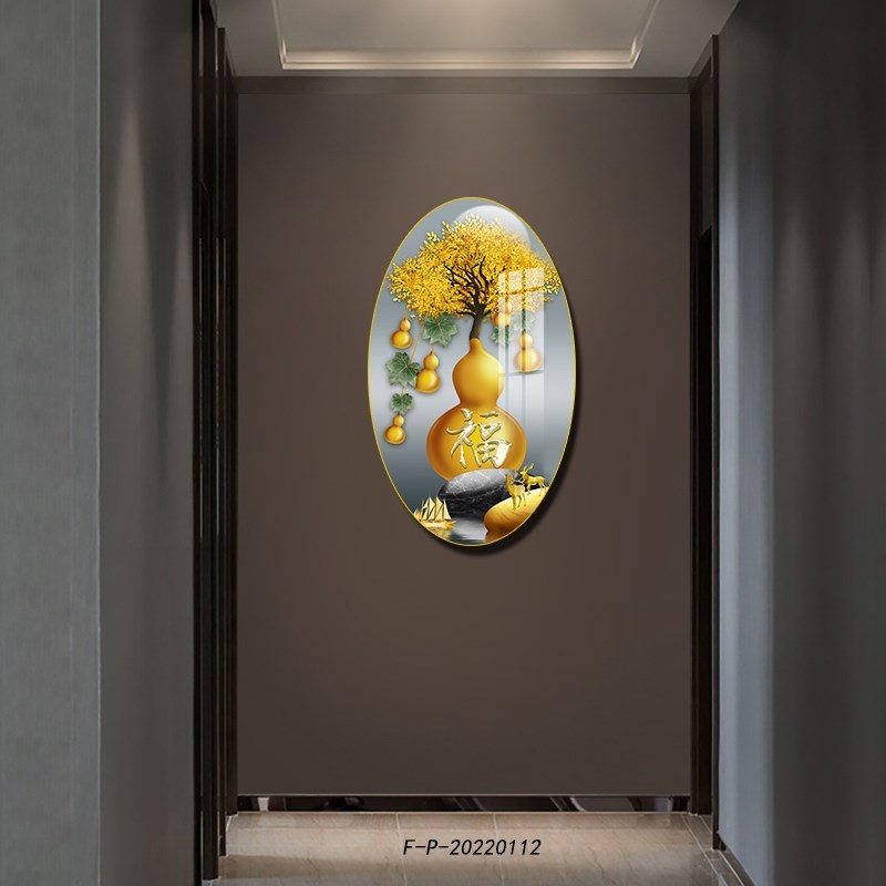 网红五福临门葫芦国风装饰画花鸟字画入户玄关客厅椭圆形免钉挂画