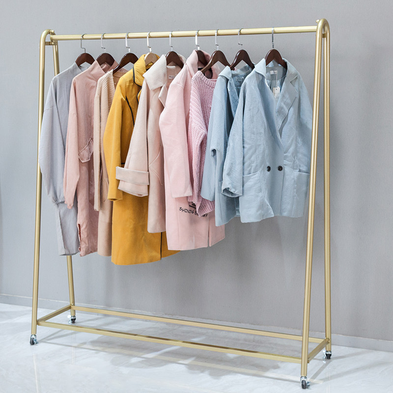 金色服装店衣服展示架婚纱皮草货架中岛架落地式可推拉挂衣架带轮