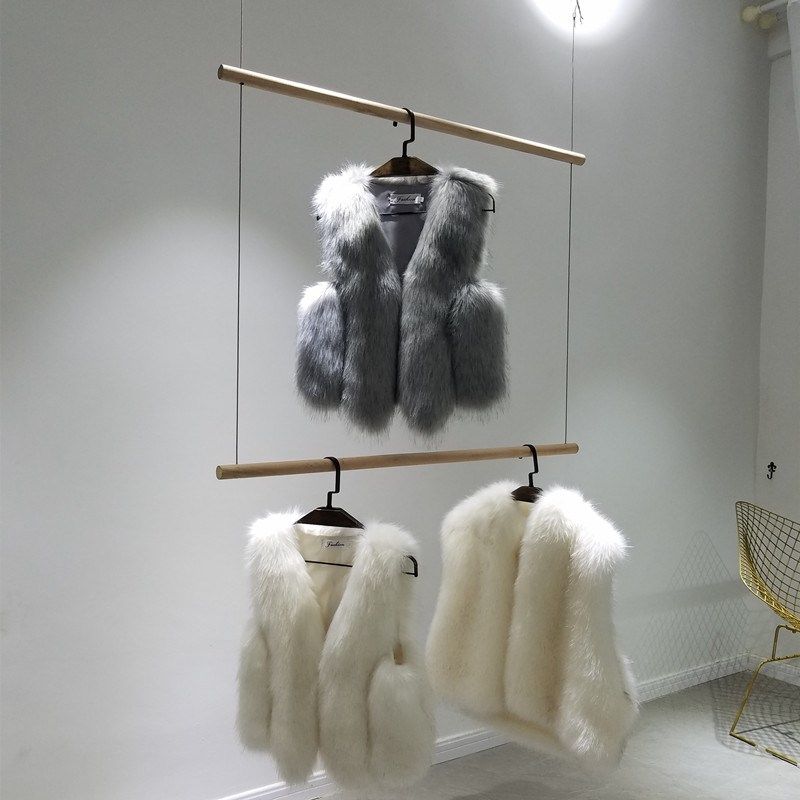 服装店展示架木棍双层吊架上墙服装架悬挂钢丝吊挂女装童装店货架图片
