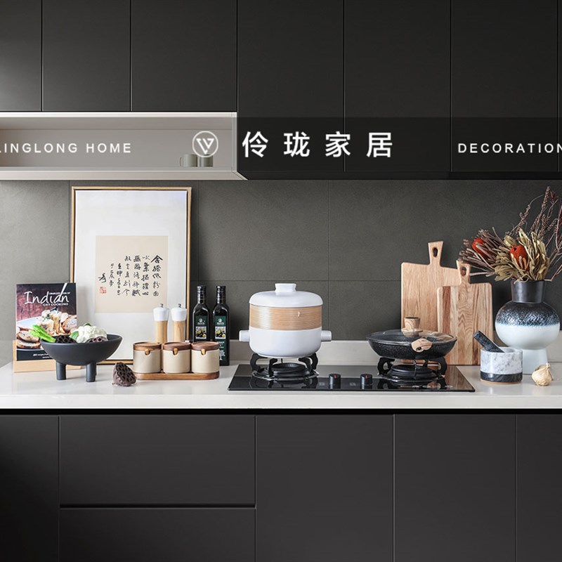 新中式样板间厨房装饰品组合麦饭石锅具研磨器创意果盘软装品摆件