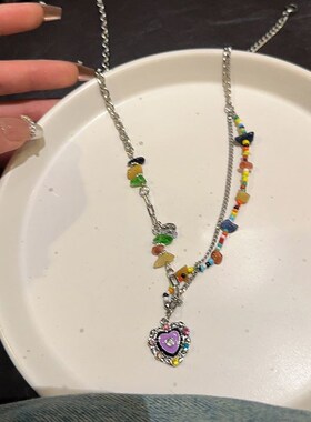 彩色项链~ 七彩石爱心滴釉项链套装女夏季新小众T甜酷辣妹锁骨链