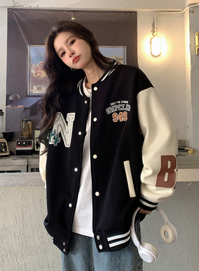 美式棒球服女春秋2023新款宽松大码学生休闲百搭立领情侣外套上衣