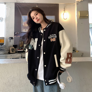 美式棒球服女春秋2023新款宽松大码学生休闲百搭立领情侣外套上衣