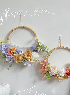 高级感莫奈花园玫瑰花竹节花环门楣门把手墙壁装饰花乔迁礼物挂件