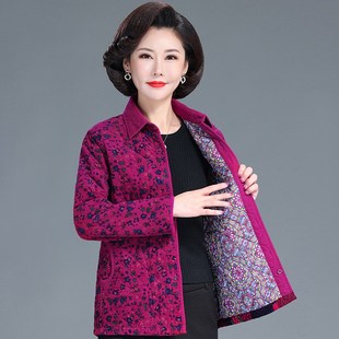 妈妈夹棉外套秋冬装2023新款中老年女士50岁纯棉小花棉袄短款轻薄